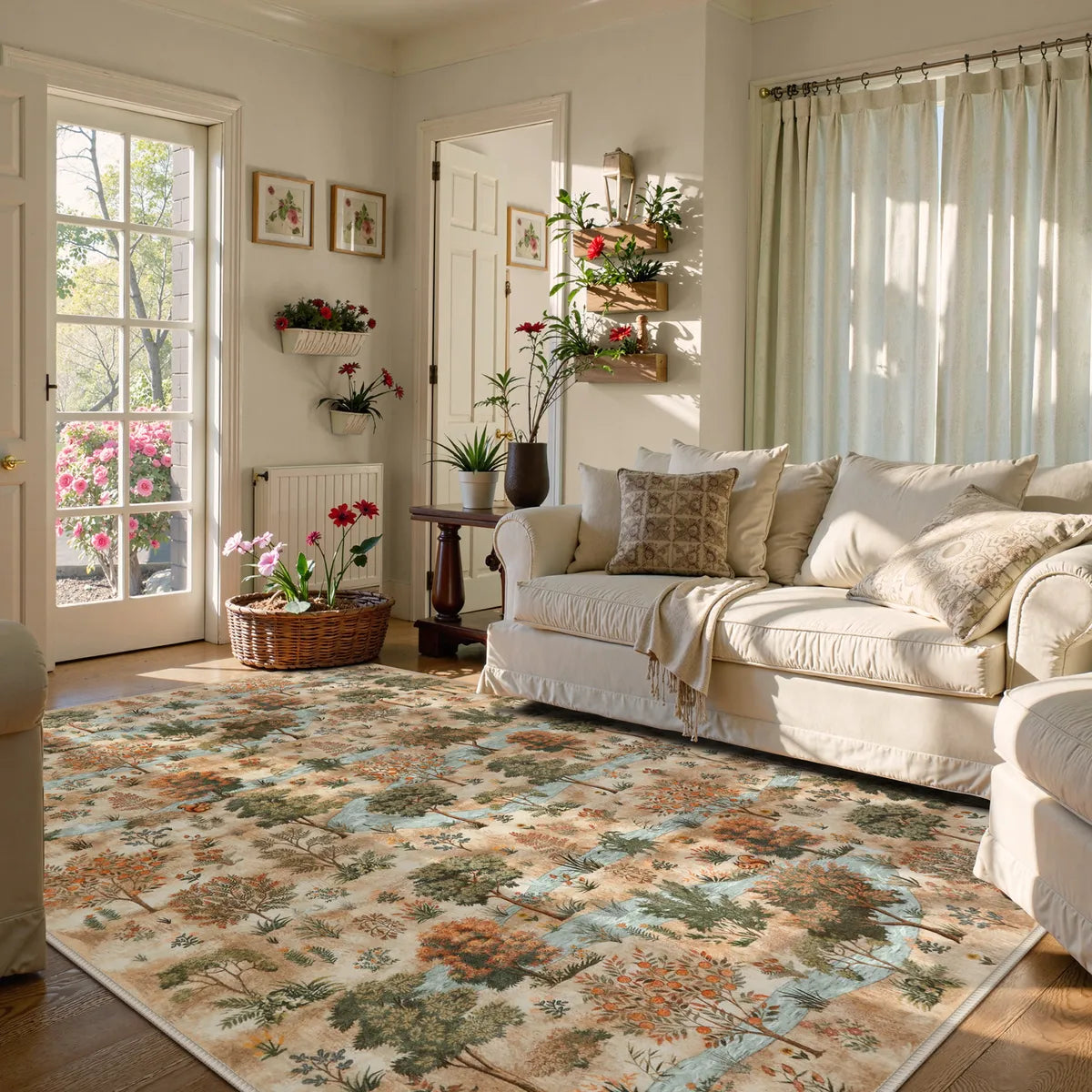 Covaba forest woodland area rug in coffee brown, styled in a room setting