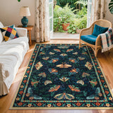 Covaba vintage botanical insect area rug in stormy blue, styled in a room setting, view 4