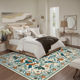 Covaba boho birdsong floral garden area rug in warm beige, styled in a room setting, view 2