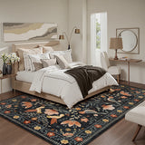 Covaba boho birdsong floral garden area rug in ink black, styled in a room setting