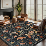 Covaba boho birdsong floral garden area rug in ink black, styled in a room setting, view 2