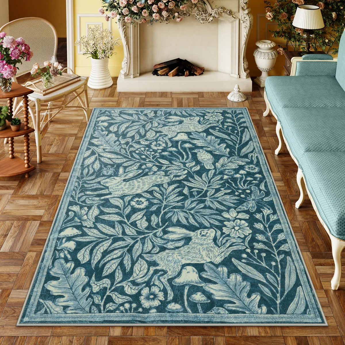 Covaba vintage woodcut forest and rabbit area rug in stormy blue, styled in a room setting