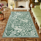 Covaba vintage woodcut forest and rabbit area rug in fern green, styled in a room setting, view 5