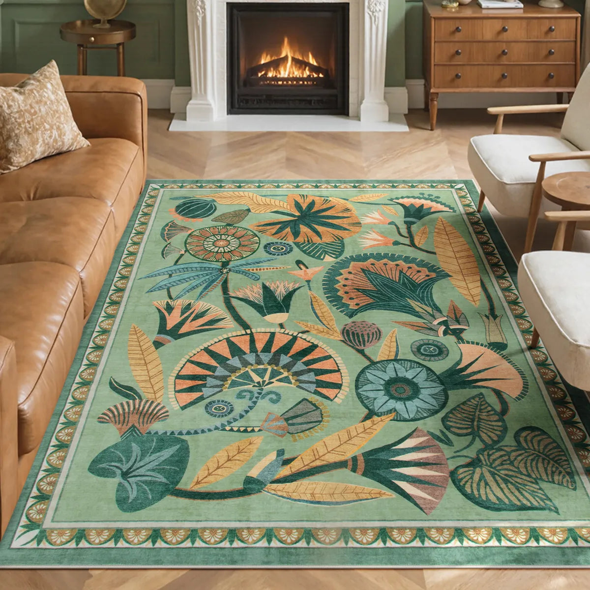 Covaba egyptian-inspired botanical area rug in fern green, styled in a room setting