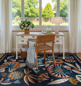 Covaba egyptian-inspired botanical area rug in deep navy, styled in a room setting, view 2