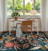 Covaba egyptian-inspired botanical area rug in teal haze, styled in a room setting, view 4