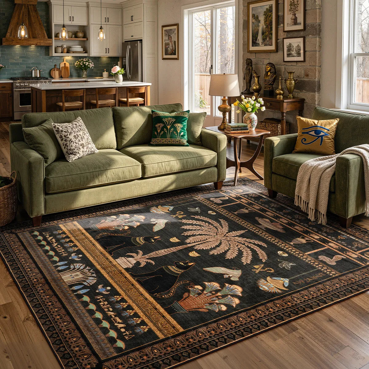 Covaba ancient egyptian revival cat area rug in ink black, styled in a room setting