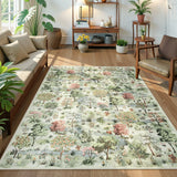 Covaba forest woodland area rug in sage mist, styled in a room setting, view 5