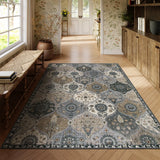 Covaba ultra-thin vintage floral moroccan trellis area rug in pearl grey, styled in a room setting, view 16