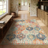 Covaba ultra-thin vintage floral moroccan trellis and area rug in faded rose, styled in a room setting, view 8