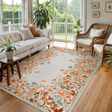 Covaba modern blooming floral garden area rug in golden wheat, styled in a room setting