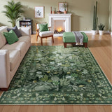 Covaba modern botanical floral area rug in fern green, styled in a room setting, view 7