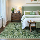 Covaba modern botanical floral area rug in fern green, styled in a room setting, view 4