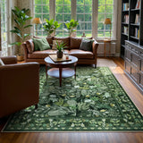 Covaba modern botanical floral area rug in fern green, styled in a room setting, view 6