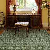 Covaba vintage persian distressed area rug in fern green, styled in a room setting, view 8