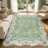Covaba vintage botanical scalloped area rug in fern green, styled in a room setting, view 5