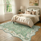 Covaba vintage botanical scalloped area rug in fern green, styled in a room setting, view 8
