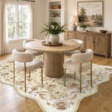 Covaba vintage botanical scalloped area rug in warm beige, styled in a room setting, view 10
