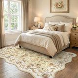 Covaba vintage botanical scalloped area rug in warm beige, styled in a room setting, view 9