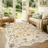 Covaba vintage botanical scalloped area rug in warm beige, styled in a room setting, view 8