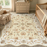 Covaba vintage botanical scalloped area rug in warm beige, styled in a room setting, view 7