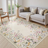 Covaba modern blooming floral garden area rug in warm beige, styled in a room setting, view 3