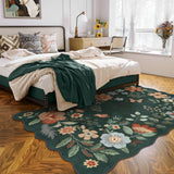 Covaba boho modern parisian floral scalloped area rug in forest fern, styled in a room setting, view 2