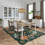 Covaba boho modern parisian floral scalloped area rug in forest fern, styled in a room setting, view 3
