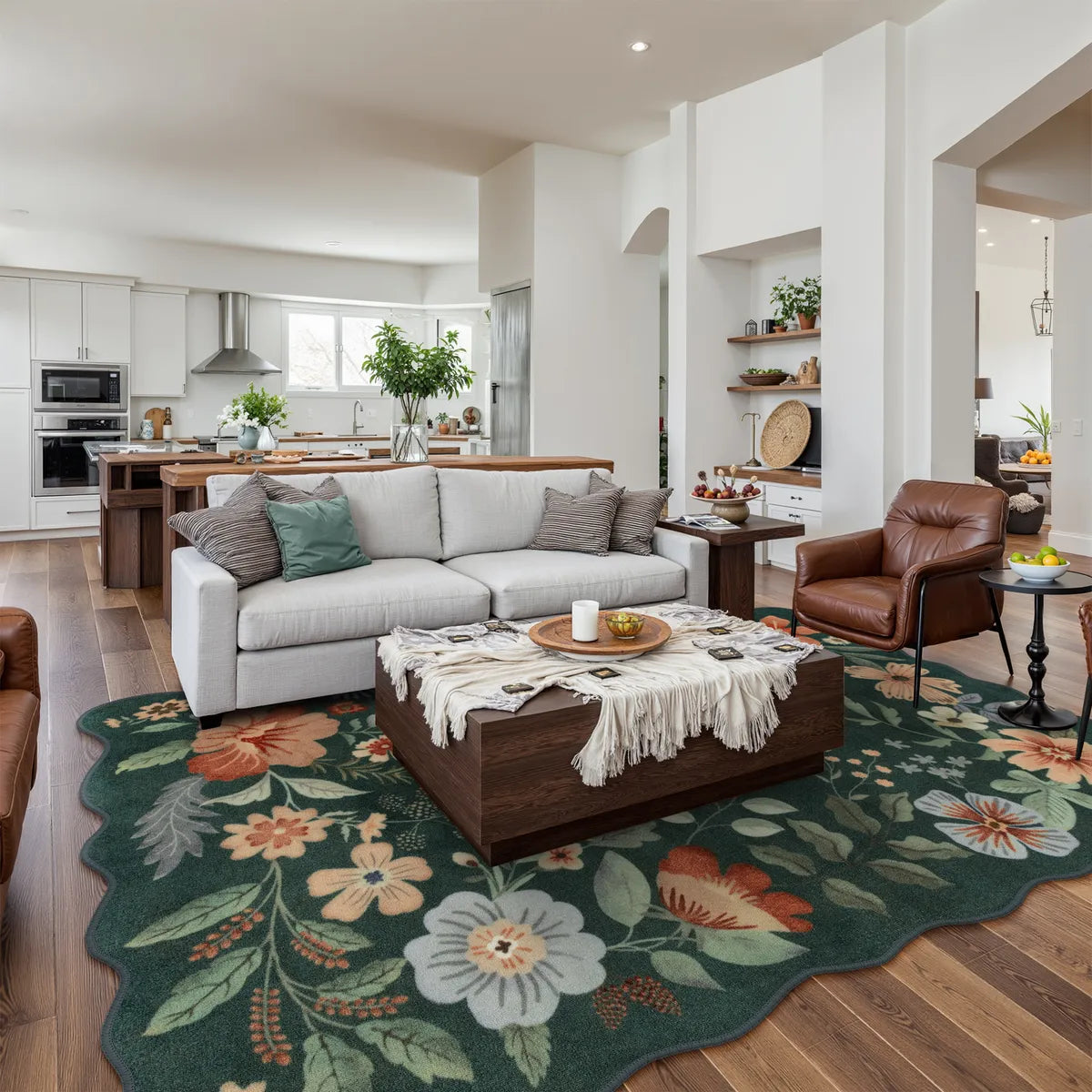 Covaba boho modern parisian floral scalloped area rug in forest fern, styled in a room setting