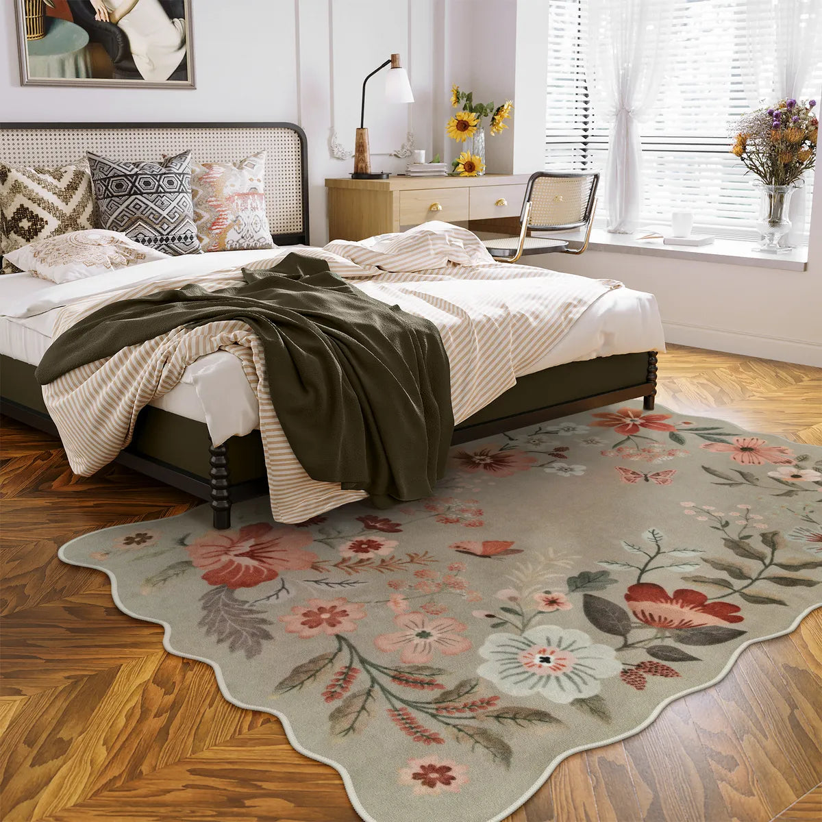 Covaba boho modern parisian floral scalloped area rug in coffee brown, styled in a room setting
