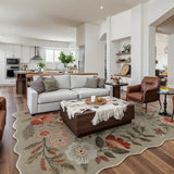 Covaba boho modern parisian floral scalloped area rug in coffee brown, styled in a room setting, view 2