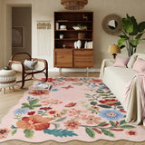 Covaba boho modern parisian floral scalloped area rug in soft blush, styled in a room setting, view 2