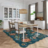 Covaba boho modern parisian floral scalloped area rug in deep navy, styled in a room setting, view 4