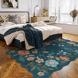 Covaba boho modern parisian floral scalloped area rug in deep navy, styled in a room setting, view 2