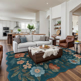 Covaba boho modern parisian floral scalloped area rug in deep navy, styled in a room setting, view 3
