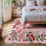 Covaba boho modern parisian floral scalloped area rug in blush clay, styled in a room setting, view 2