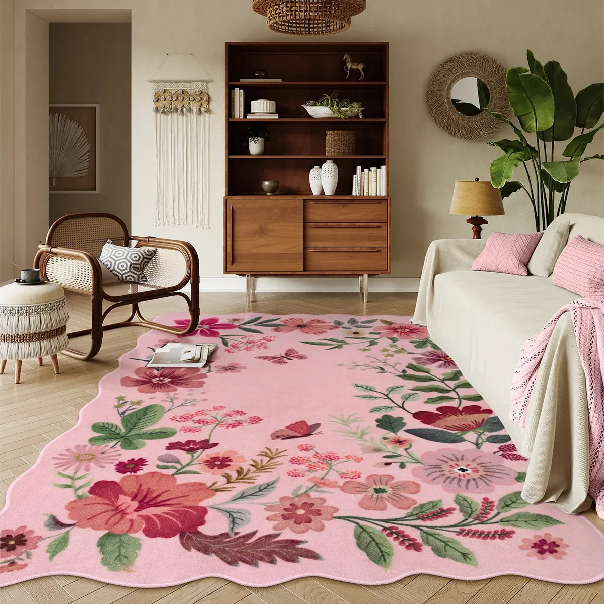 Covaba boho modern parisian floral scalloped area rug in blush clay, styled in a room setting