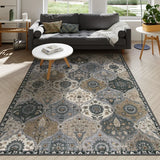 Covaba ultra-thin vintage floral moroccan trellis area rug in pearl grey, styled in a room setting, view 15