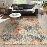 Covaba ultra-thin vintage floral moroccan trellis and area rug in faded rose, styled in a room setting, view 5
