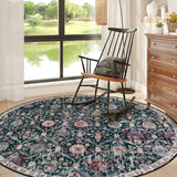 Covaba ultra-thin vintage floral moroccan trellis round rug in ink black, styled in a room setting, view 5