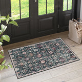 Covaba ultra-thin vintage floral moroccan trellis doormat in ink black, styled in a room setting, view 6