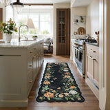 Covaba boho modern parisian floral scalloped runner rug in ink black, styled in a room setting