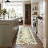 Covaba boho modern parisian floral scalloped runner rug in warm beige, styled in a room setting, view 7