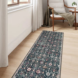 Covaba ultra-thin vintage floral moroccan trellis runner rug in ink black, styled in a room setting, view 16