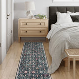 Covaba ultra-thin vintage floral moroccan trellis runner rug in ink black, styled in a room setting, view 17