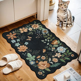 Covaba boho modern parisian floral scalloped doormat in ink black, styled in a room setting, view 2