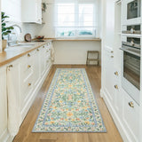 Covaba boho modern parisian garden floral runner rug in fern green, styled in a room setting