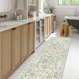 Covaba boho modern parisian garden floral runner rug in warm beige, styled in a room setting