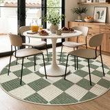 Covaba modern checkerboard round rug in olive grove, styled in a room setting