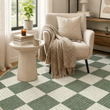 Covaba modern checkerboard round rug in olive grove, styled in a room setting, view 2